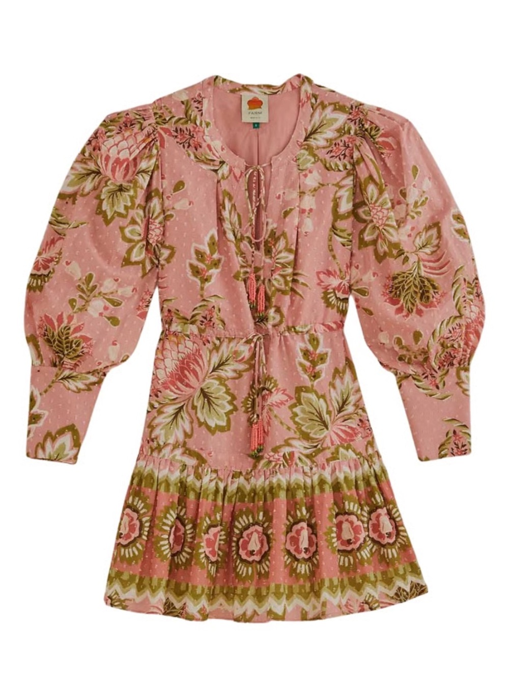 Farm Rio Aura Peasant Dress Poet Sleeve Pink Floral Print Drawstring Size XL